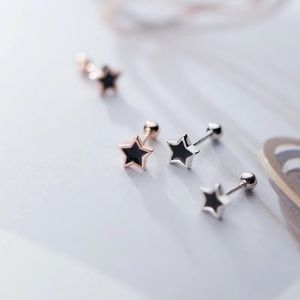 Sterling Silver or rose and black star stud earrings